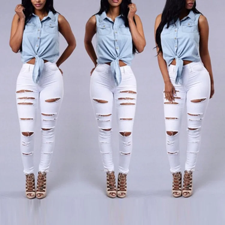 2025 Spring/Summer Ripped Skinny Jeans - Elastic Black and White Denim Pencil Pants, Sizes S-3XL 2025 Spring/Summer Ripped Skinny Jeans - Elastic Black and White Denim Pencil Pants, Sizes S-3XL