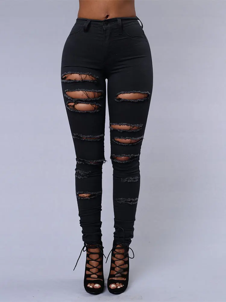2025 Spring/Summer Ripped Skinny Jeans - Elastic Black and White Denim Pencil Pants, Sizes S-3XL 2025 Spring/Summer Ripped Skinny Jeans - Elastic Black and White Denim Pencil Pants, Sizes S-3XL