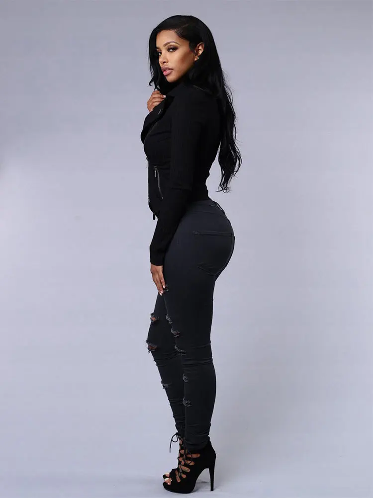 2025 Spring/Summer Ripped Skinny Jeans - Elastic Black and White Denim Pencil Pants, Sizes S-3XL 2025 Spring/Summer Ripped Skinny Jeans - Elastic Black and White Denim Pencil Pants, Sizes S-3XL