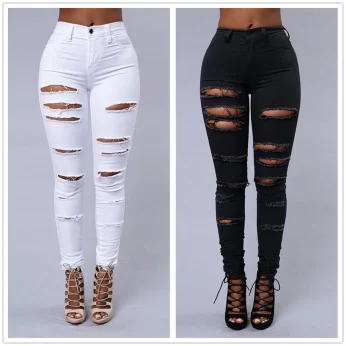 2025 Spring/Summer Ripped Skinny Jeans - Elastic Black and White Denim Pencil Pants, Sizes S-3XL