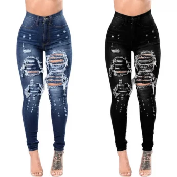 2025 Women's High-Waisted Ripped Skinny Jeans - Stretchy Denim Pencil Pants for Casual Wear Sizes S-3XL
