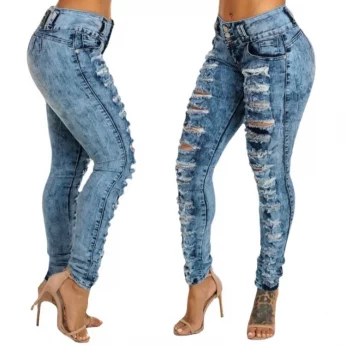 Women's High-Waisted Ankle Skinny Jeans - Ripped Knee, Distressed Denim Pencil Pants with Button Fly and Washed Finish