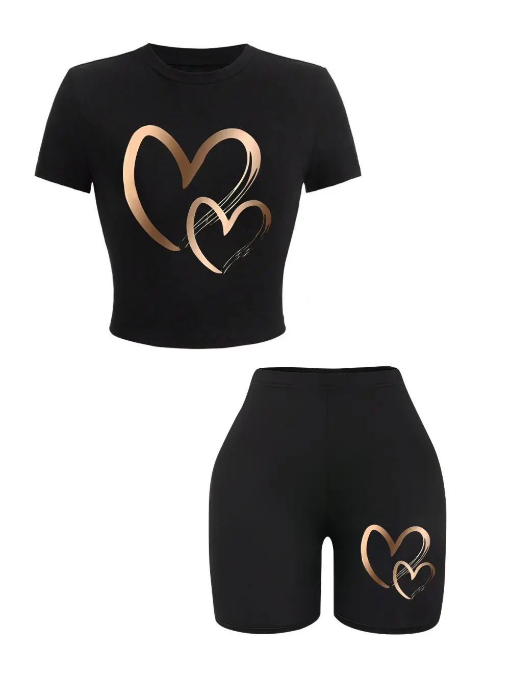 2-Piece Summer Set - Heart Pattern Crop Top & Shorts Slim-Fit Soft and Stretchy for a Comfortable Fit
