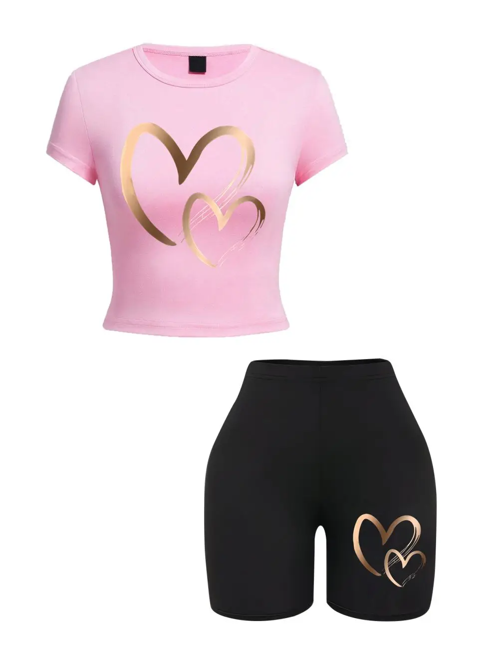 2-Piece Summer Set - Heart Pattern Crop Top & Shorts Slim-Fit Soft and Stretchy for a Comfortable Fit
