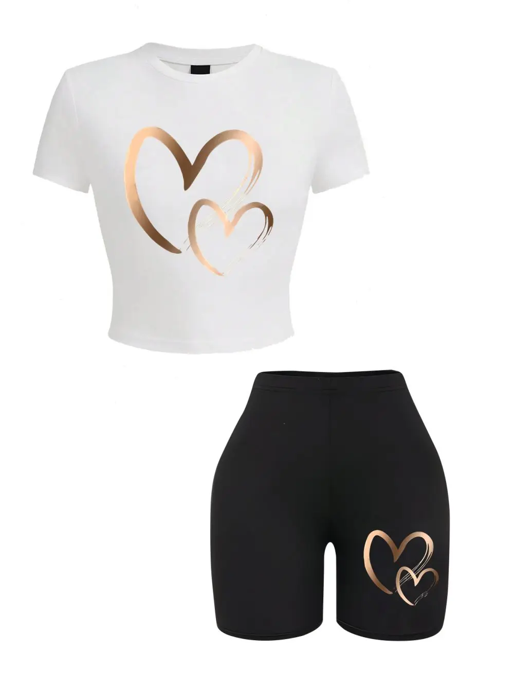 2-Piece Summer Set - Heart Pattern Crop Top & Shorts Slim-Fit Soft and Stretchy for a Comfortable Fit