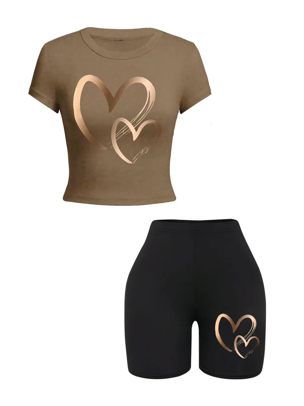 2-Piece Summer Set - Heart Pattern Crop Top & Shorts Slim-Fit Soft and Stretchy for a Comfortable Fit