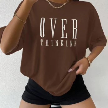 Women's Over Thinking Letter Print T-Shirt - Casual Breathable Vintage-Style Cotton Tee with O-Neck and Short Sleeves