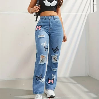 Women's Spring/Summer High-Waisted Jeans - Butterfly Print and Color Block Design, Fashionable and Trendy
