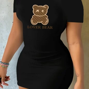 Women's Casual Summer T-Shirt Dress - LOVER BEAR Print, Short Sleeves, Round Neck, Loose Fit for a Comfortable and Stylish Look