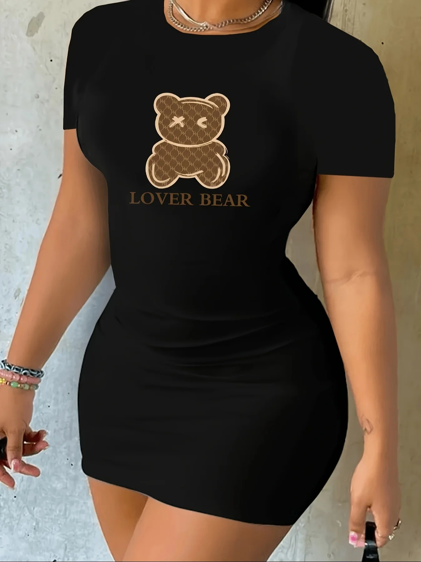 Women's Casual Summer T-Shirt Dress - LOVER BEAR Print, Short Sleeves, Round Neck, Loose Fit for a Comfortable and Stylish Look