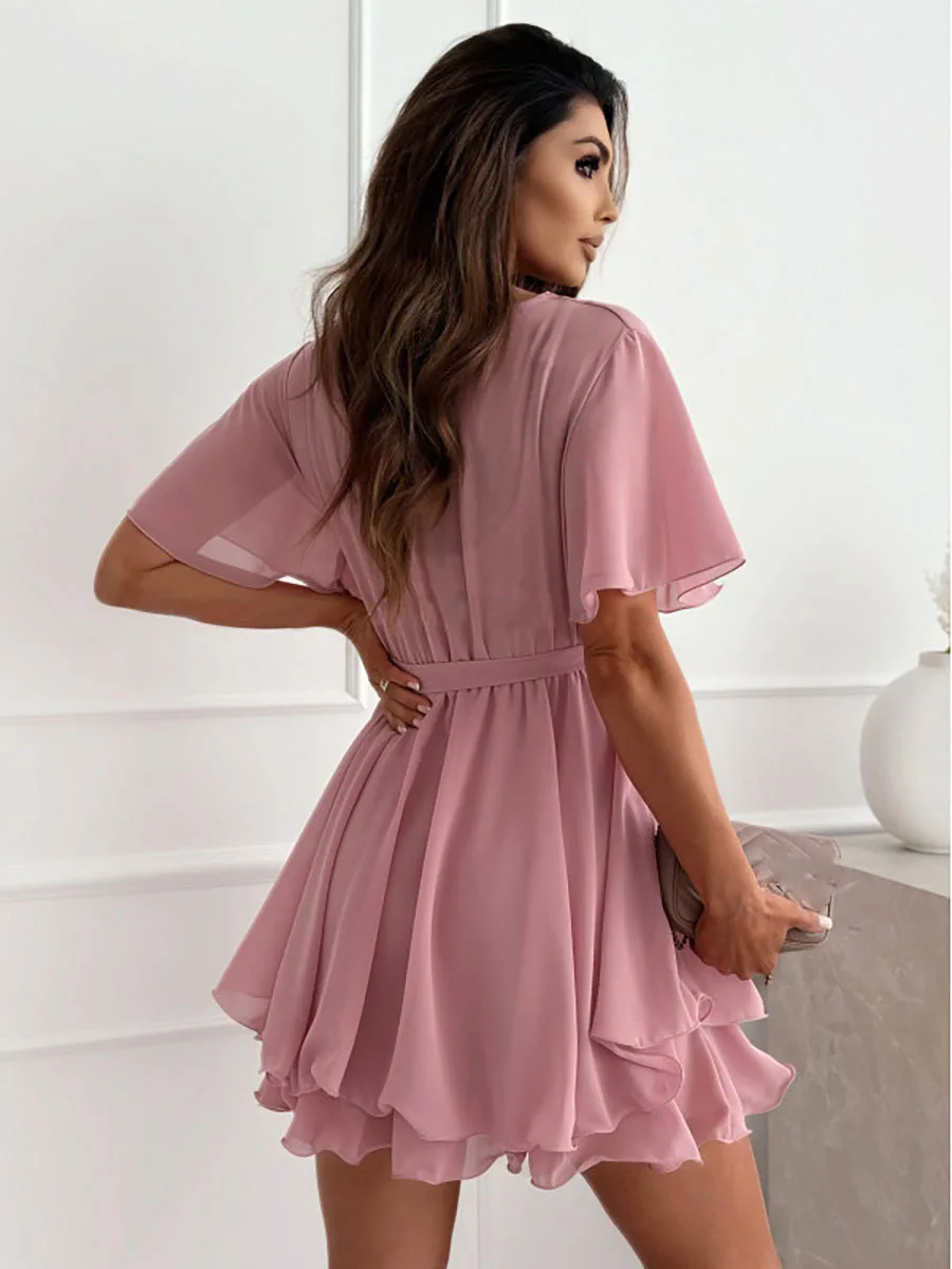 Sexy V-Neck Mini Dress - Ruffled Chiffon Party Dress for Women