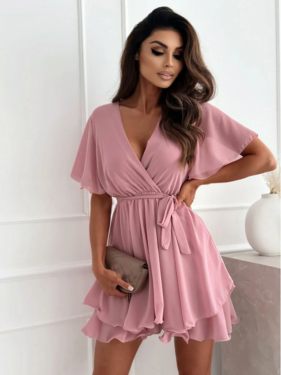 Sexy V-Neck Mini Dress - Ruffled Chiffon Party Dress for Women