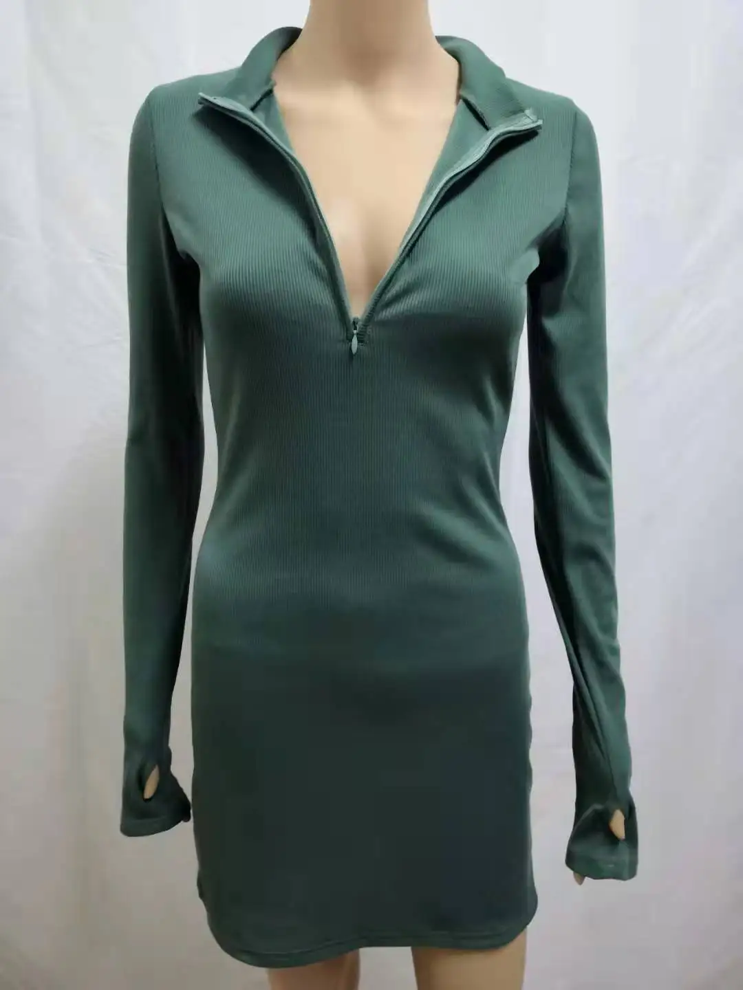 Women's Half Zip up Long Sleeve Bodycon Mini Dress