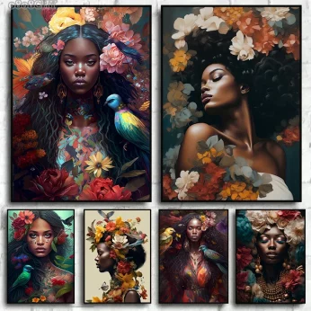 Afro Girl with Flowers Wall Art Pictrues African Beauties Flowers Fashion Canvas Painting Prints