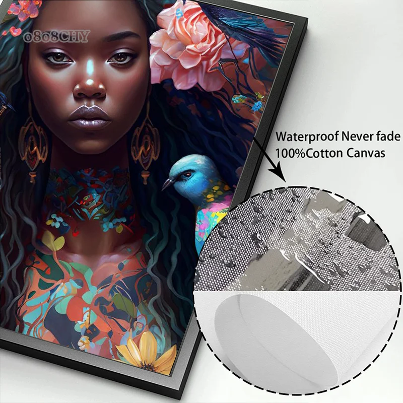 Afro Girl with Flowers Wall Art Pictrues African Beauties Flowers Fashion Canvas Painting Prints