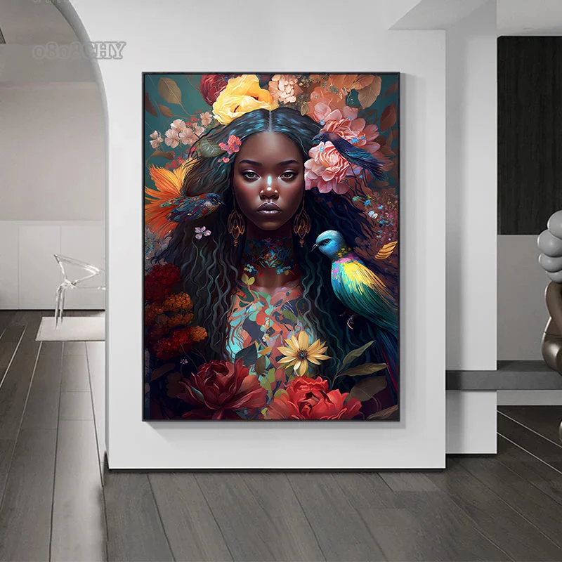 Afro Girl with Flowers Wall Art Pictrues African Beauties Flowers Fashion Canvas Painting Prints