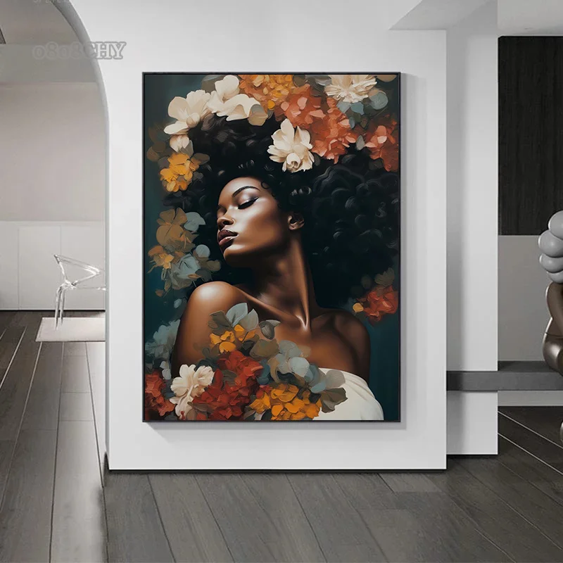 Afro Girl with Flowers Wall Art Pictrues African Beauties Flowers Fashion Canvas Painting Prints