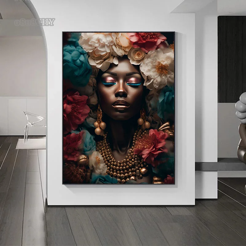 Afro Girl with Flowers Wall Art Pictrues African Beauties Flowers Fashion Canvas Painting Prints