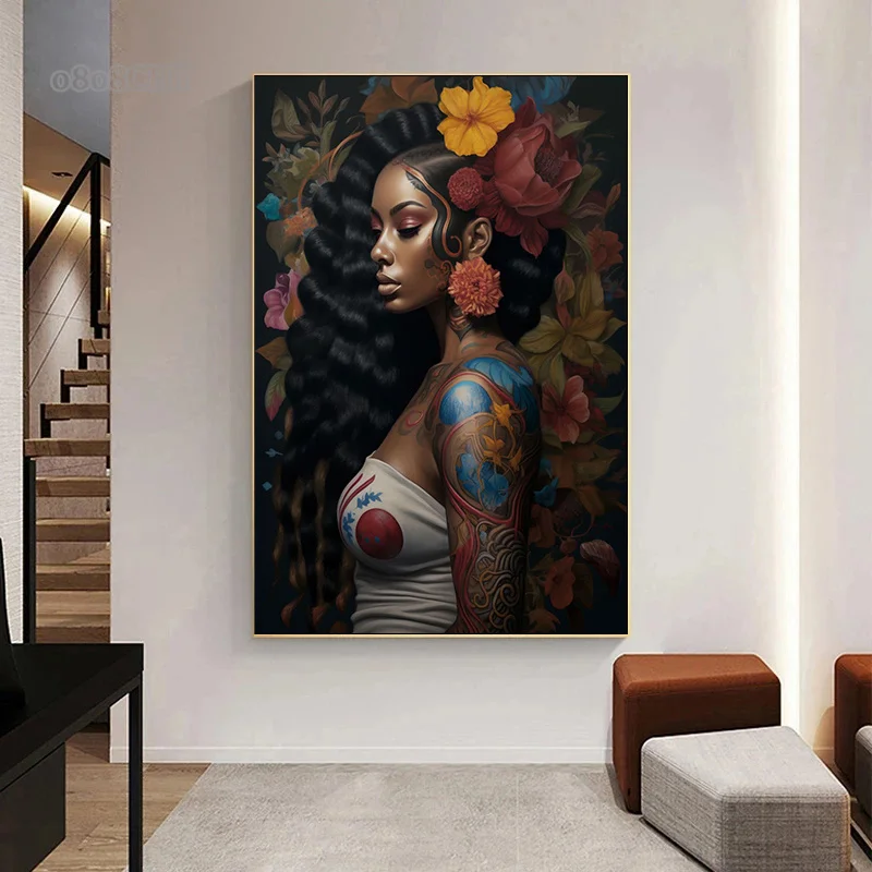 Afro Girl with Flowers Wall Art Pictrues African Beauties Flowers Fashion Canvas Painting Prints
