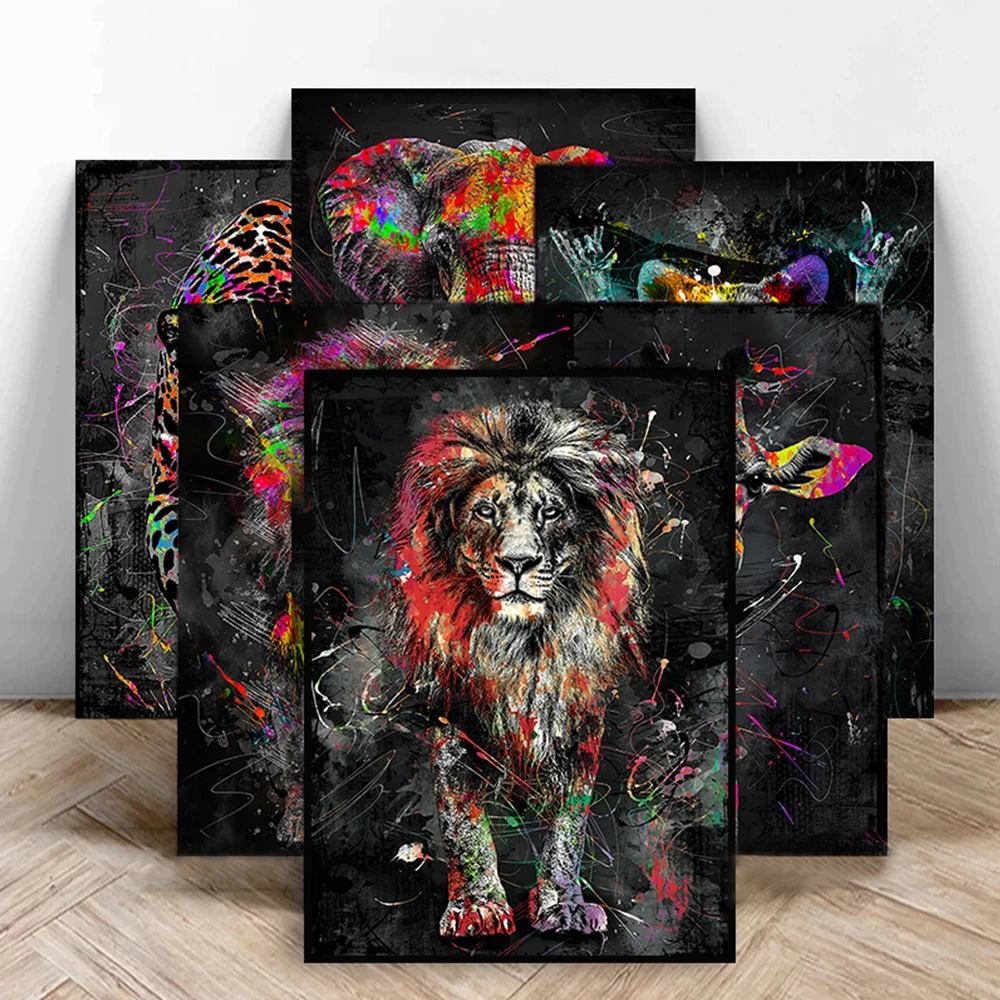 Abstract Graffiti Wild Animals Color Lion Elephant Canvas Art HD Poster and Prints