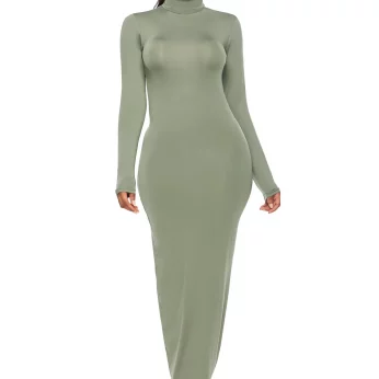 2025 Spring Autumn Solid Color Slim Women's High Neck Bodycon Long Dress