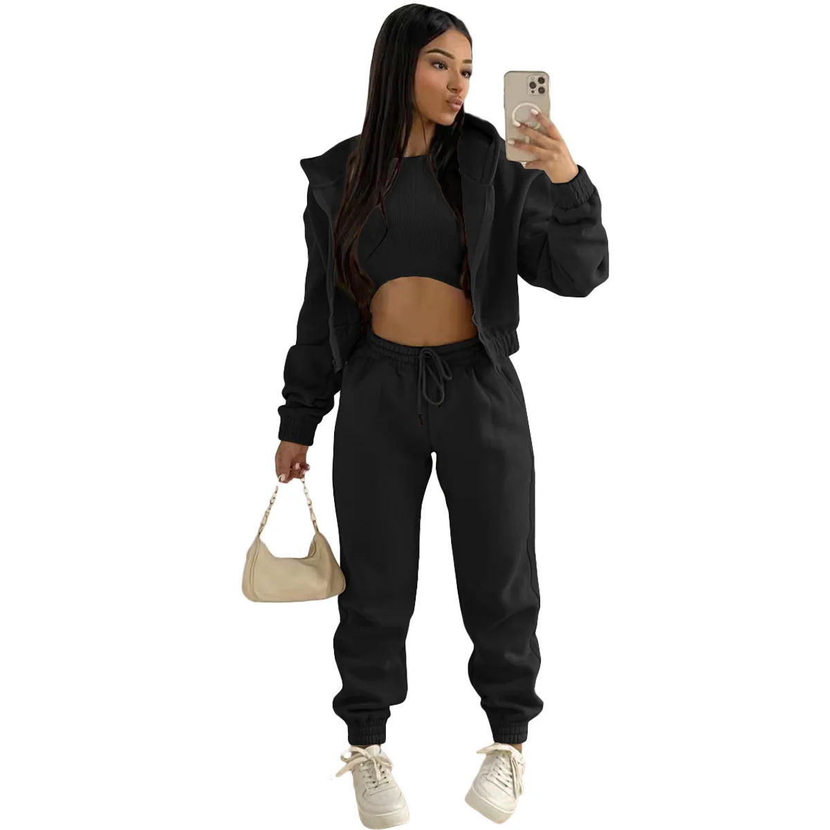 3pcs Women's Clothing Set Fleece-lined Hooded Sweater &Sleeveless Tank Top & Sports Sweatpants