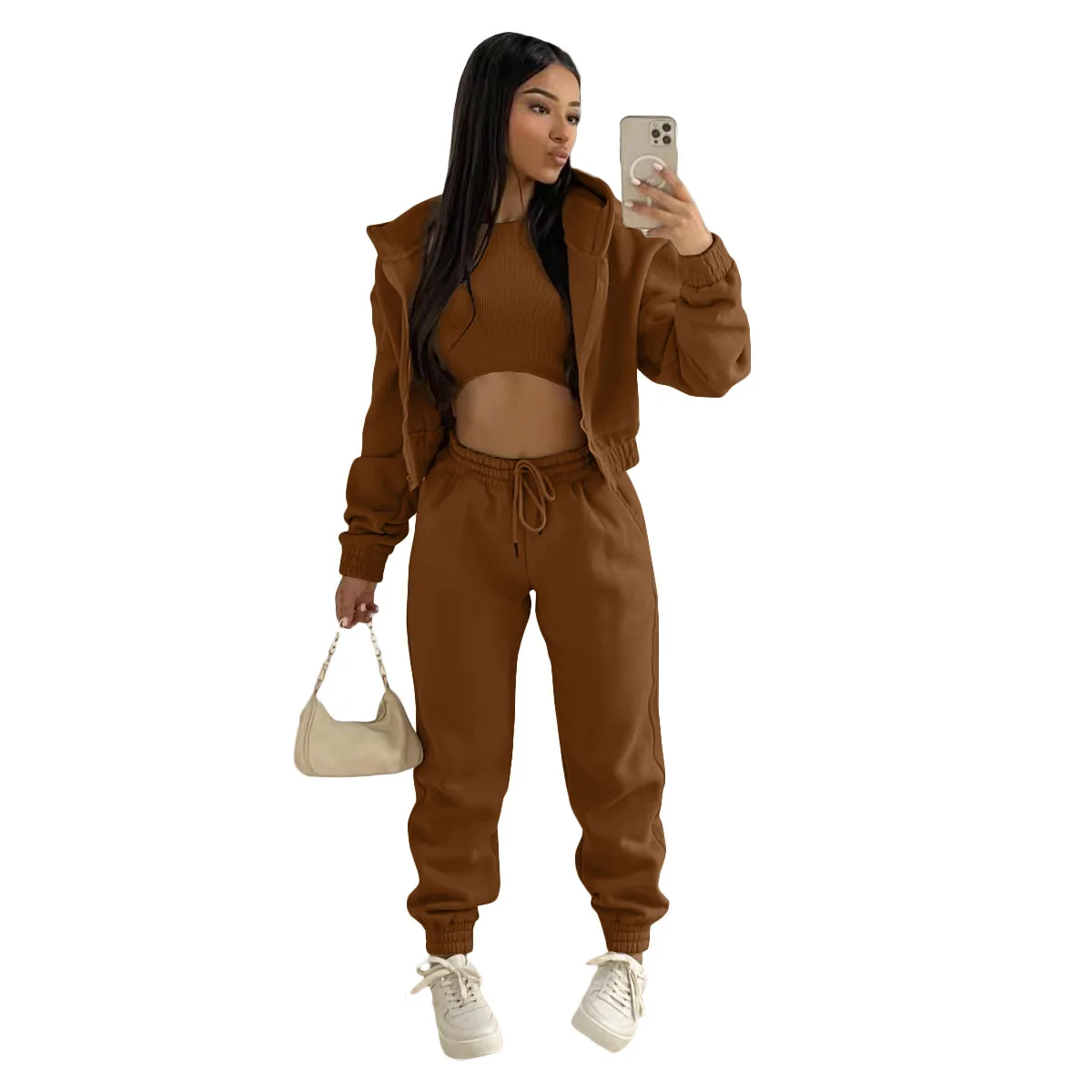 3pcs Women's Clothing Set Fleece-lined Hooded Sweater &Sleeveless Tank Top & Sports Sweatpants
