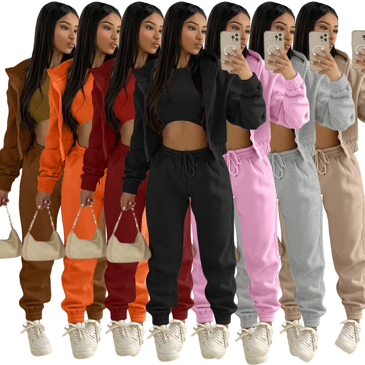3pcs Women's Clothing Set Fleece-lined Hooded Sweater &Sleeveless Tank Top & Sports Sweatpants
