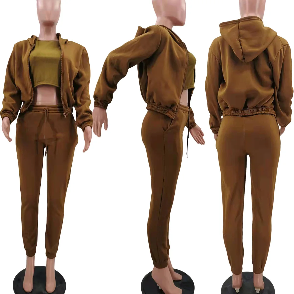 3pcs Women's Clothing Set Fleece-lined Hooded Sweater &Sleeveless Tank Top & Sports Sweatpants