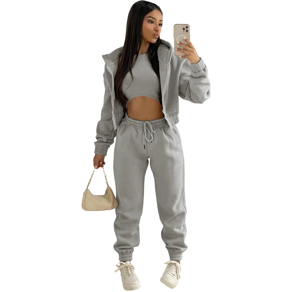 3pcs Women's Clothing Set Fleece-lined Hooded Sweater &Sleeveless Tank Top & Sports Sweatpants