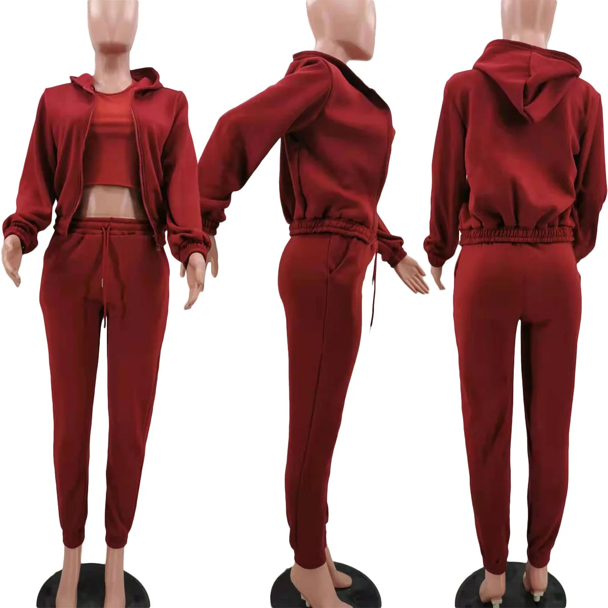 3pcs Women's Clothing Set Fleece-lined Hooded Sweater &Sleeveless Tank Top & Sports Sweatpants