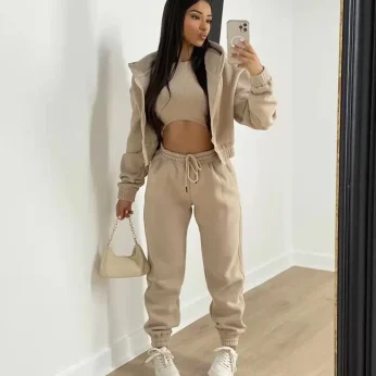 3pcs Women's Clothing Set Fleece-lined Hooded Sweater &Sleeveless Tank Top & Sports Sweatpants