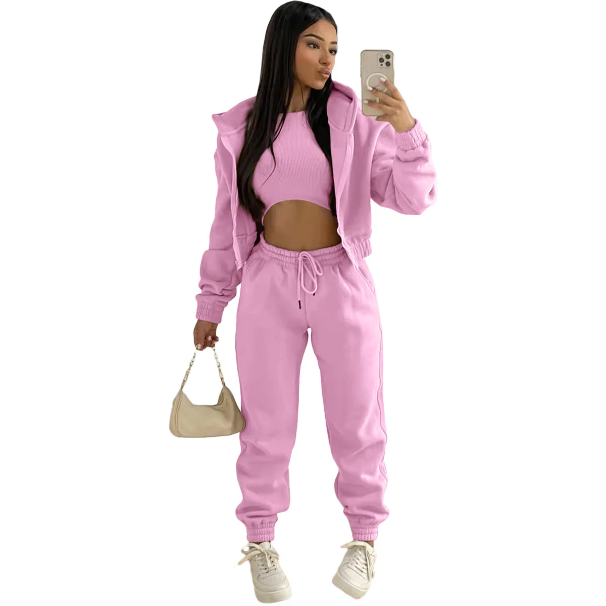 3pcs Women's Clothing Set Fleece-lined Hooded Sweater &Sleeveless Tank Top & Sports Sweatpants