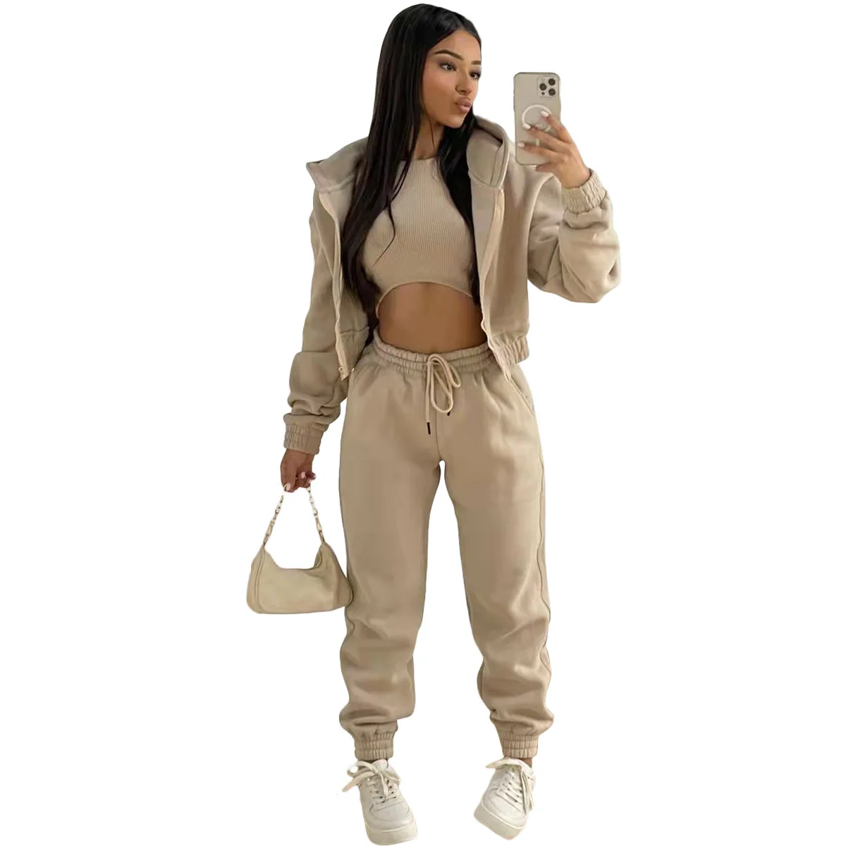 3pcs Women's Clothing Set Fleece-lined Hooded Sweater &Sleeveless Tank Top & Sports Sweatpants