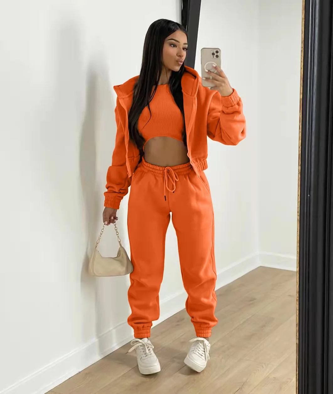 3pcs Women's Clothing Set Fleece-lined Hooded Sweater &Sleeveless Tank Top & Sports Sweatpants