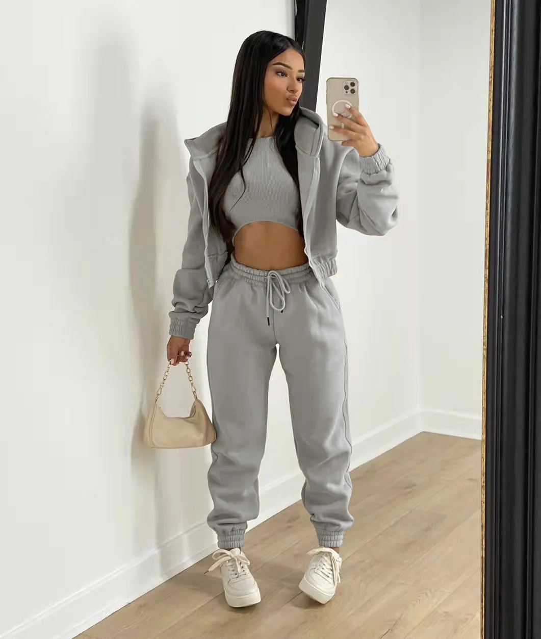 3pcs Women's Clothing Set Fleece-lined Hooded Sweater &Sleeveless Tank Top & Sports Sweatpants
