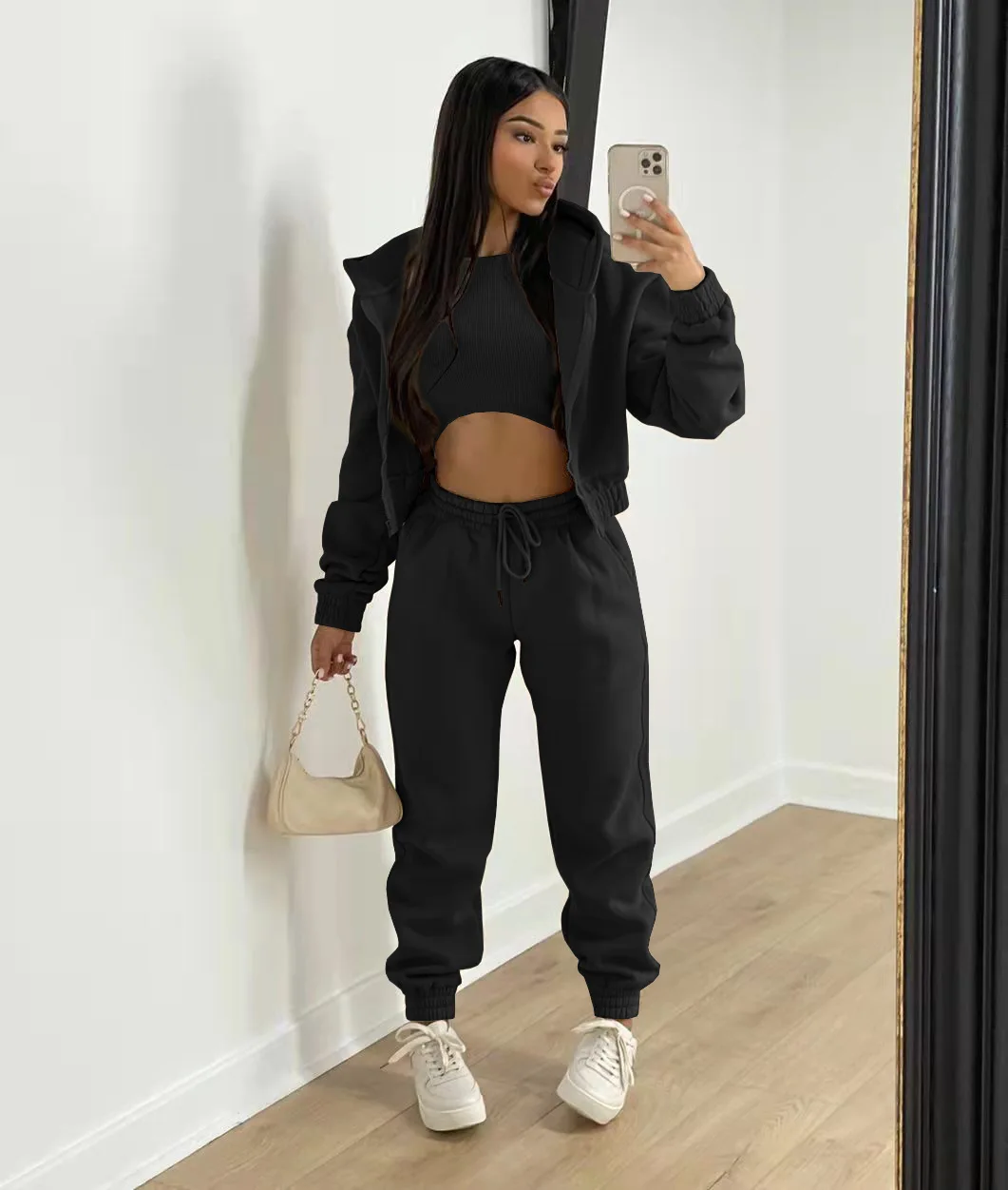 3pcs Women's Clothing Set Fleece-lined Hooded Sweater &Sleeveless Tank Top & Sports Sweatpants