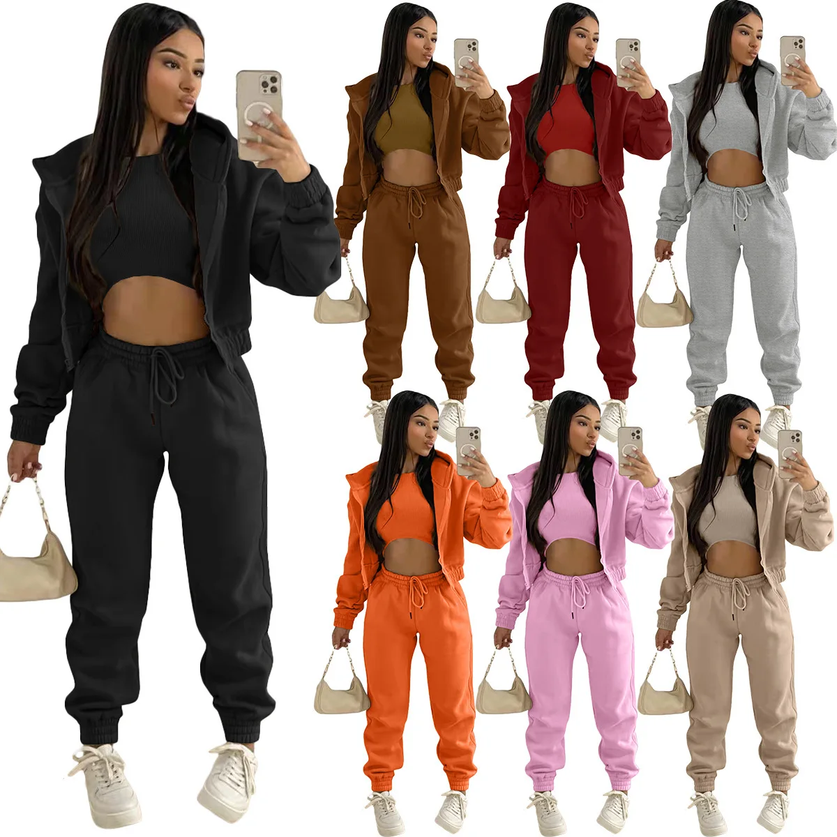 3pcs Women's Clothing Set Fleece-lined Hooded Sweater &Sleeveless Tank Top & Sports Sweatpants