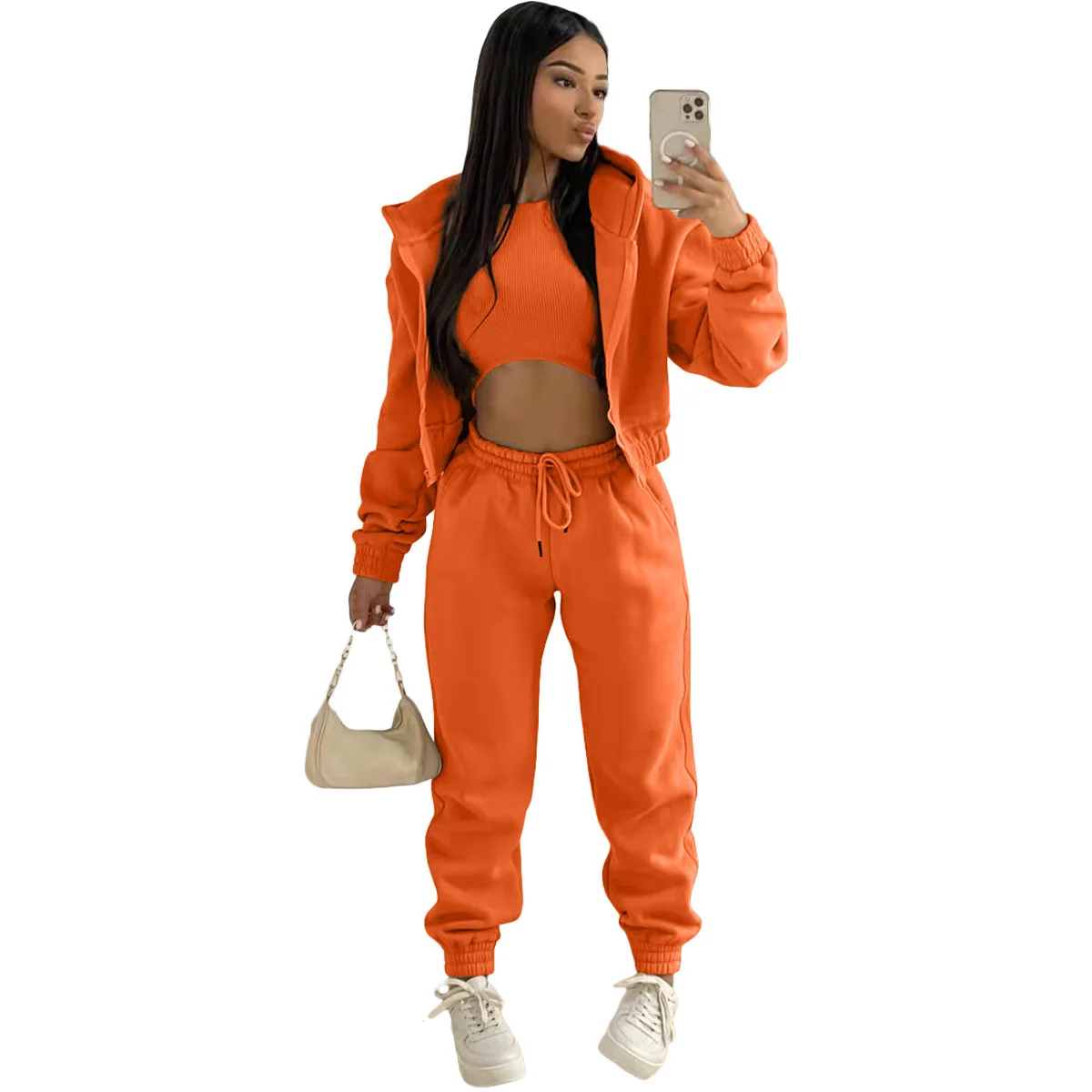 3pcs Women's Clothing Set Fleece-lined Hooded Sweater &Sleeveless Tank Top & Sports Sweatpants