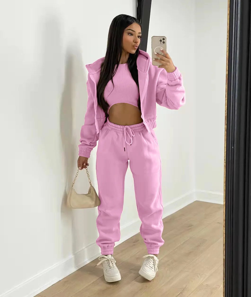3pcs Women's Clothing Set Fleece-lined Hooded Sweater &Sleeveless Tank Top & Sports Sweatpants