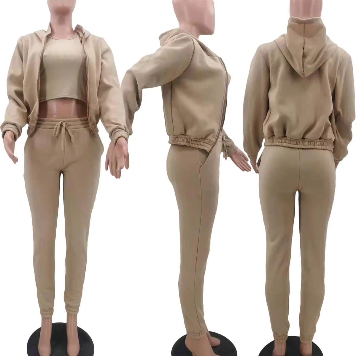 3pcs Women's Clothing Set Fleece-lined Hooded Sweater &Sleeveless Tank Top & Sports Sweatpants