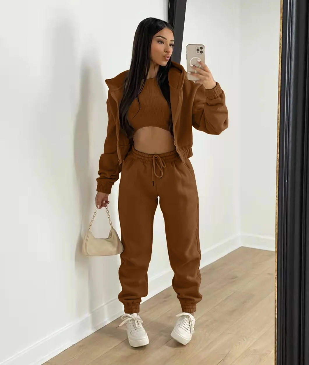 3pcs Women's Clothing Set Fleece-lined Hooded Sweater &Sleeveless Tank Top & Sports Sweatpants