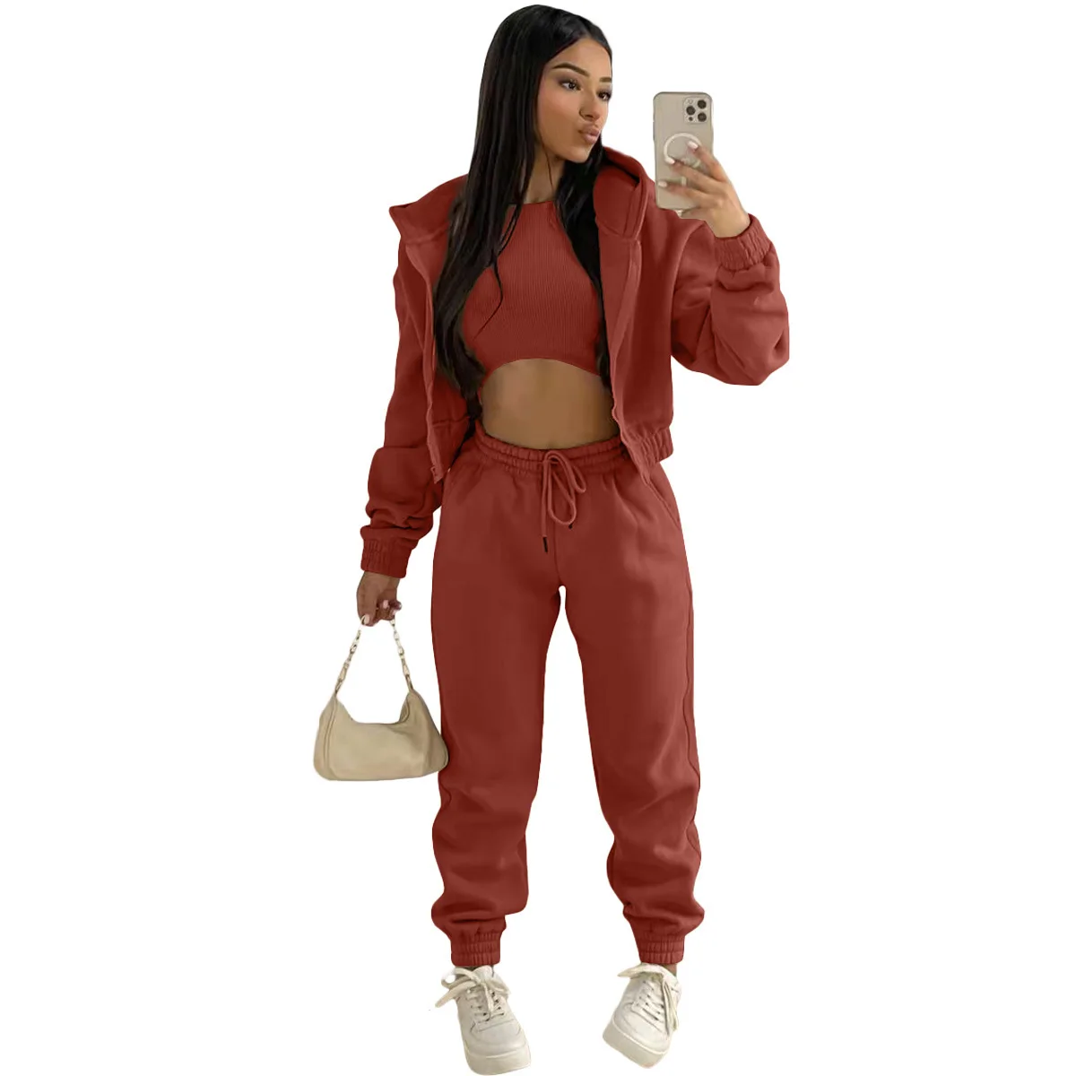 3pcs Women's Clothing Set Fleece-lined Hooded Sweater &Sleeveless Tank Top & Sports Sweatpants
