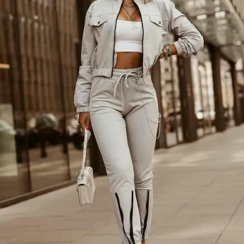 2-Piece Autumn Winter Fashion Zipper Jacket and High Waist Pants Set