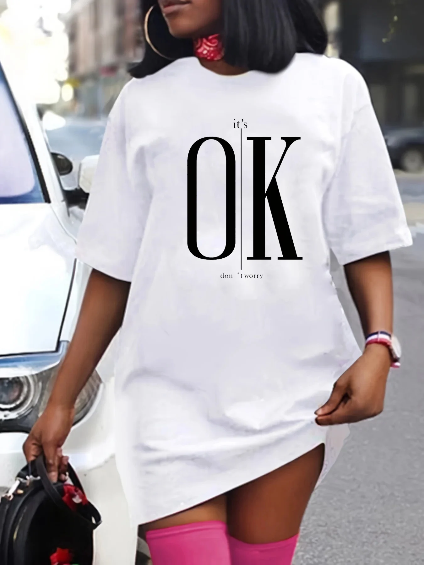 2025 Women's Casual Graphic T-Shirt Dress - It's OK Don't Worry Design