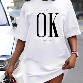 2025 Women's Casual Graphic T-Shirt Dress - It's OK Don't Worry Design