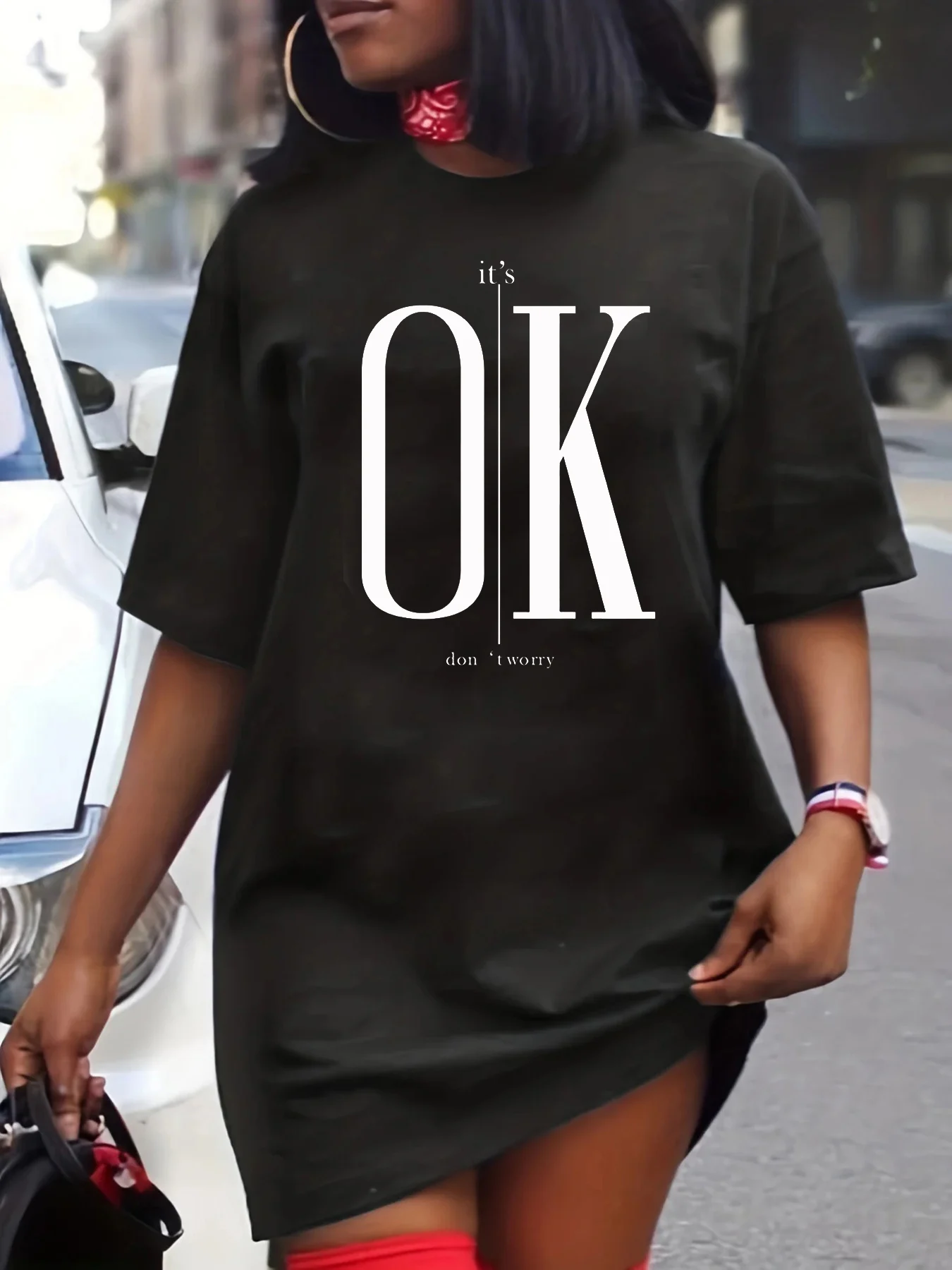 2025 Women's Casual Graphic T-Shirt Dress - It's OK Don't Worry Design