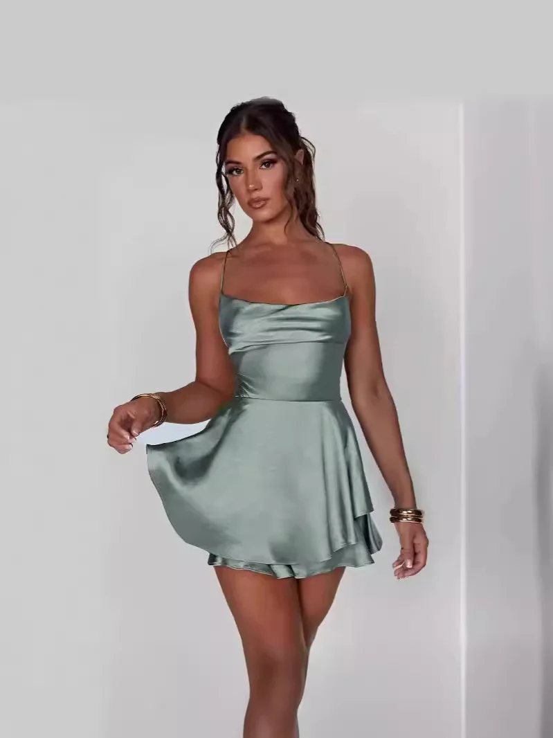 2025 Summer New Sexy Slim Fit and Slim Off Back Solid Color Suspended Dress and Pants