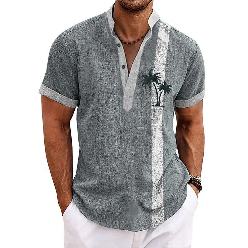 New Coconut Tree Striped 3D Print Henley Shirts Men's Oversized Button Stand Collar Short Sleeve T Shirt
