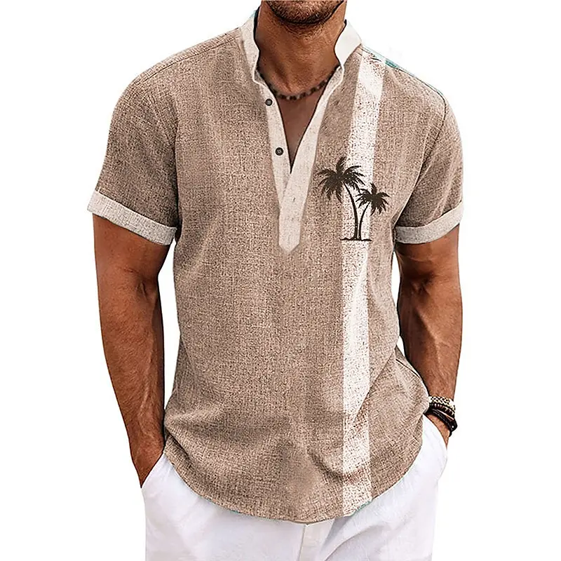 New Coconut Tree Striped 3D Print Henley Shirts Men's Oversized Button Stand Collar Short Sleeve T Shirt